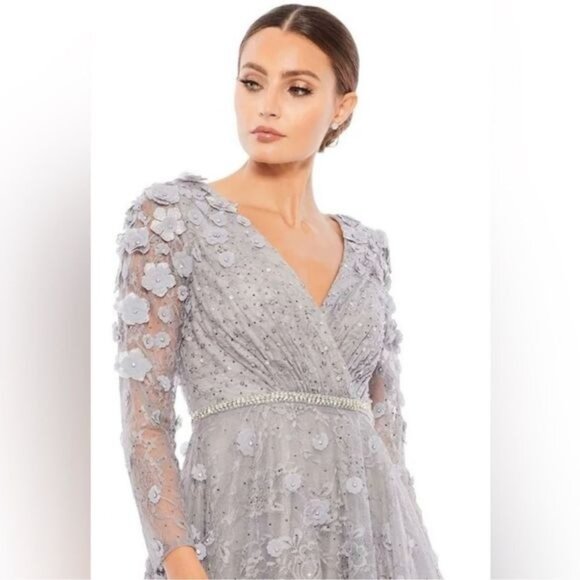 Mac Duggal Floral Sterling Silver Lace A-Line Tea Length Cocktail Dress Size 14 - Picture 4 of 8